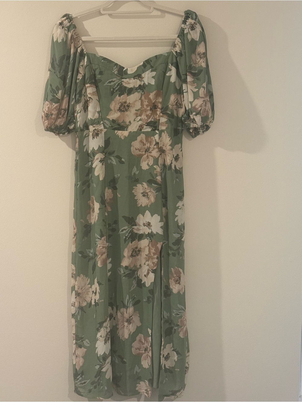 Abercrombie & Fitch Sage Green Floral Midi Dress with Puff Sleeves